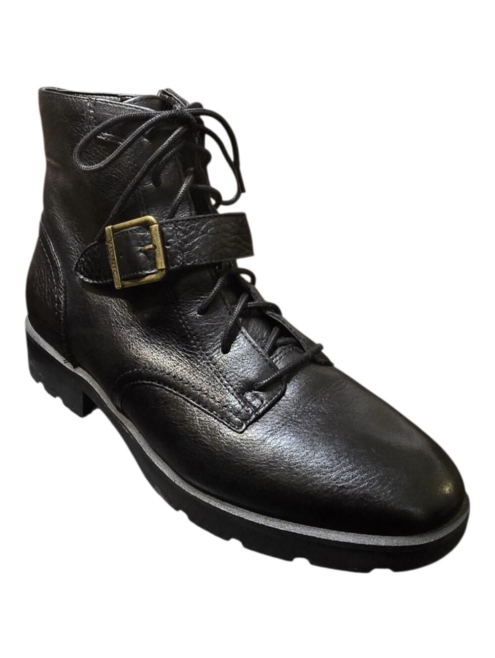 Vionic Catina Black Leather Buckle Lace Up Zip Ankle Boots